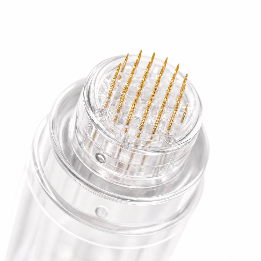 24K gold-plated microneedle head close up