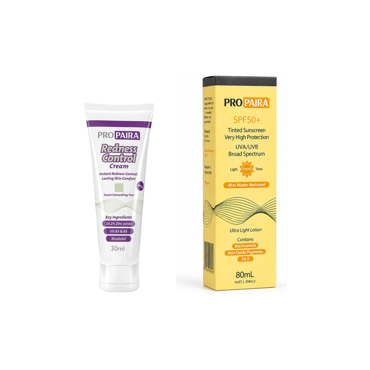 Propaira Redness Duo bundle: Redness Control Cream 30ml and SPF 50+ Tinted Sunscreen 80ml on white