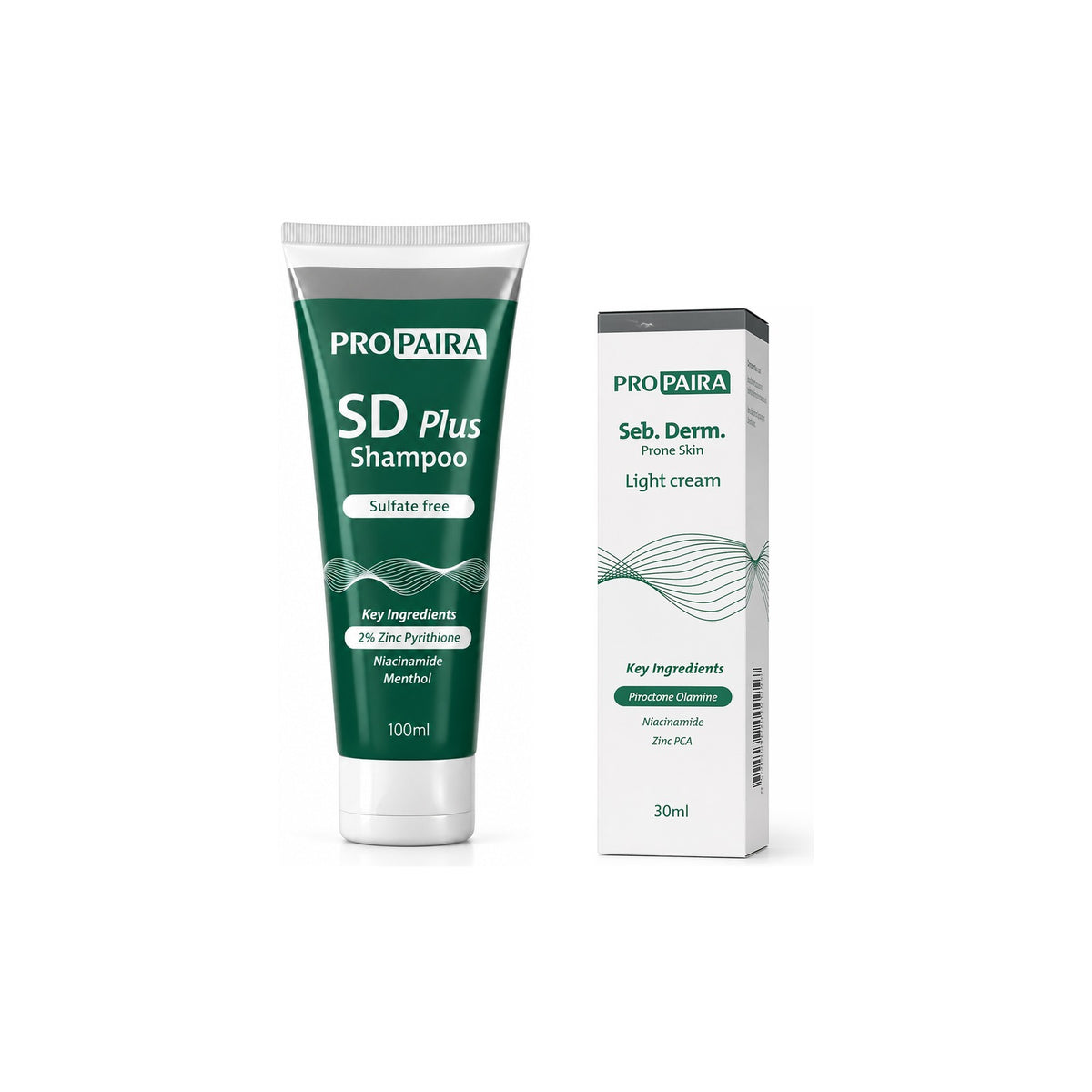 Propaira Seb-Derm Duo bundle: SD Plus Shampoo 100ml and Seb. Derm. Light Cream 30ml on white