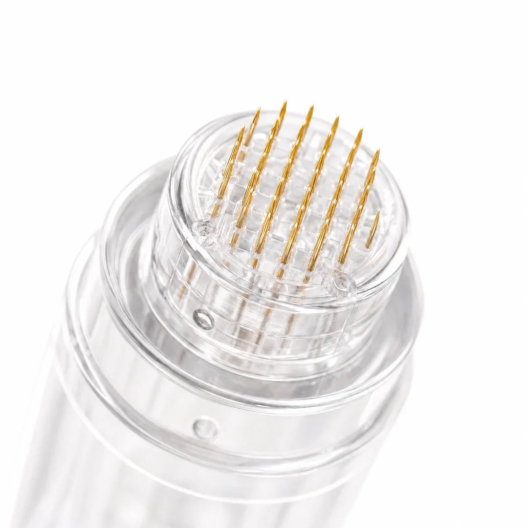 24K gold-plated microneedle head close up