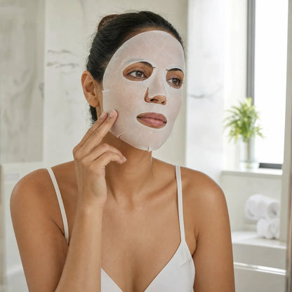 Woman wearing the Restore sheet mask