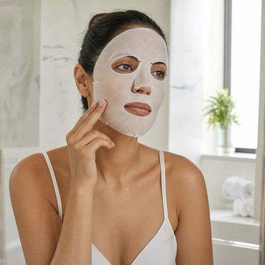 Woman wearing the Restore sheet mask