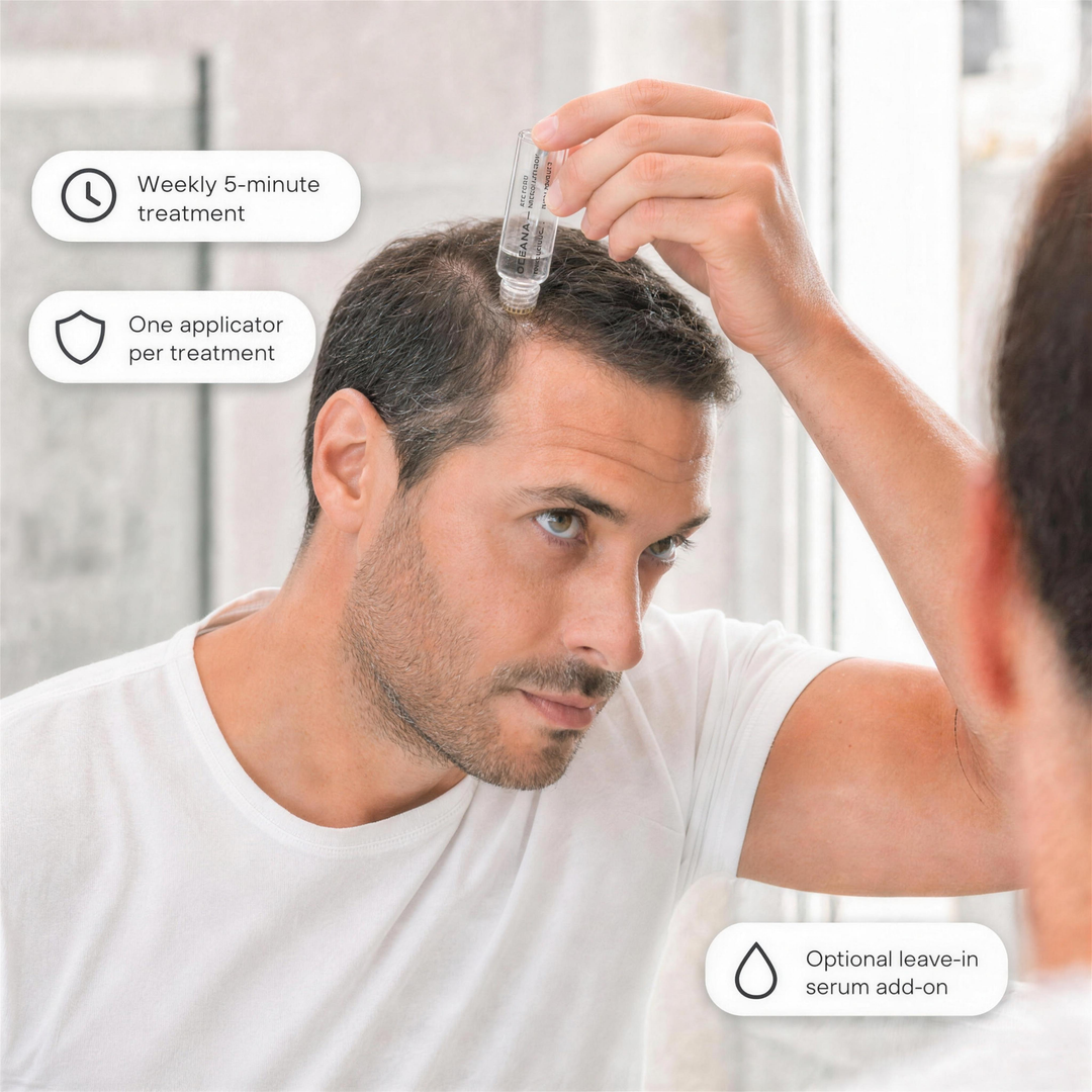 Man applying the Restore Micro-Infusion Hair Density treatment to his scalp