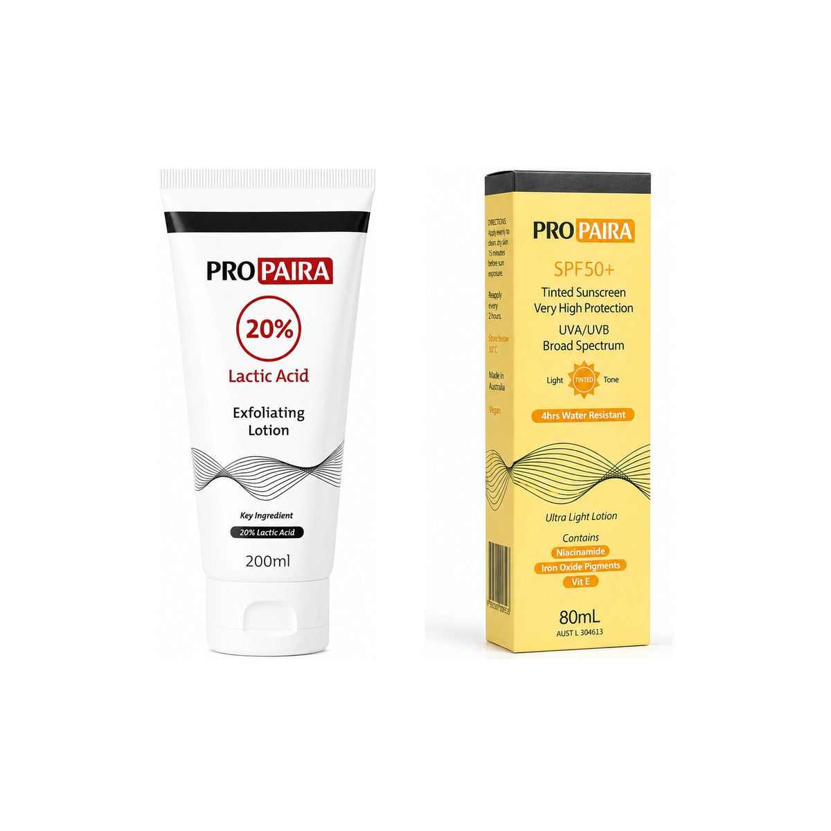 Propaira Body Renewal Duo bundle: 20% Exfoliating Lotion 200ml and SPF 50+ Tinted Sunscreen 80ml on white