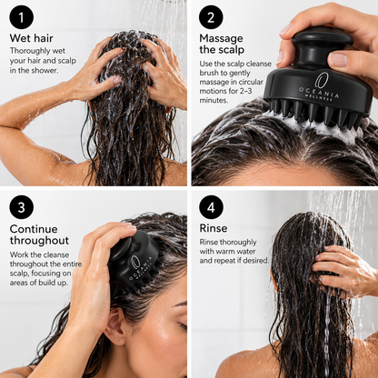 How to use the Restore Scalp Cleanse: wet hair, massage the scalp, continue throughout, rinse