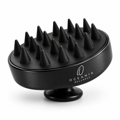 Restore Scalp Cleanse brush with soft silicone bristles, three-quarter view