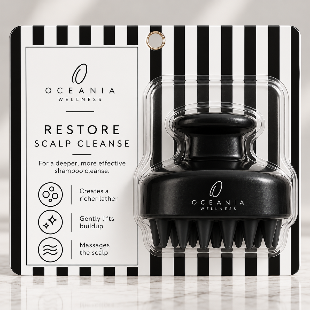 Restore Scalp Cleanse shampoo and scalp massage brush in blister card packaging