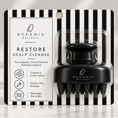 Restore Scalp Cleanse shampoo and scalp massage brush in blister card packaging